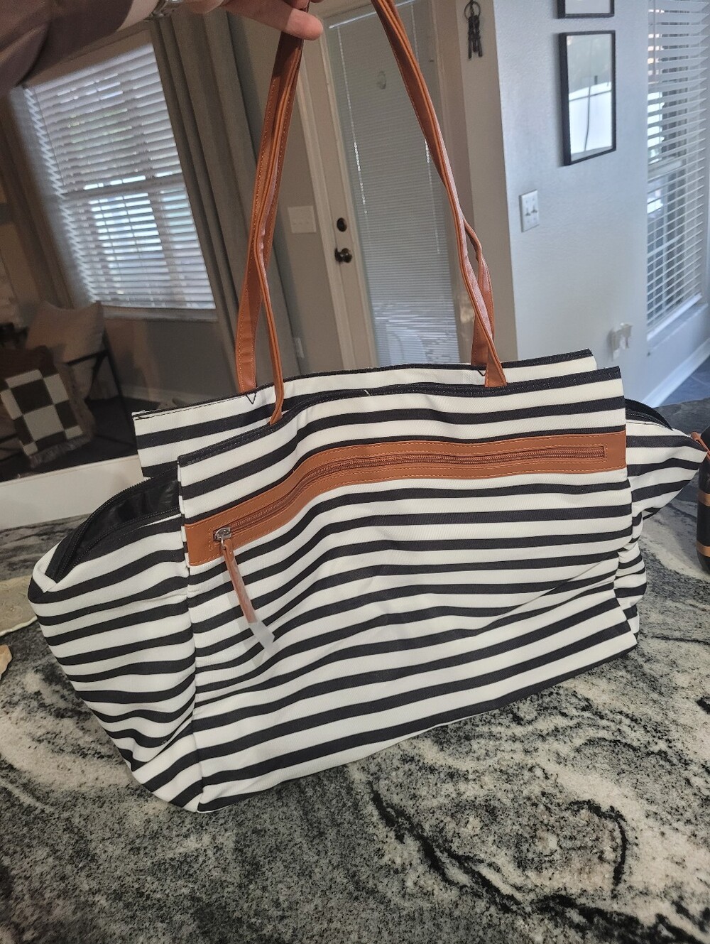 DSW Exclusive striped overnighter tote black white large travel weekender bag